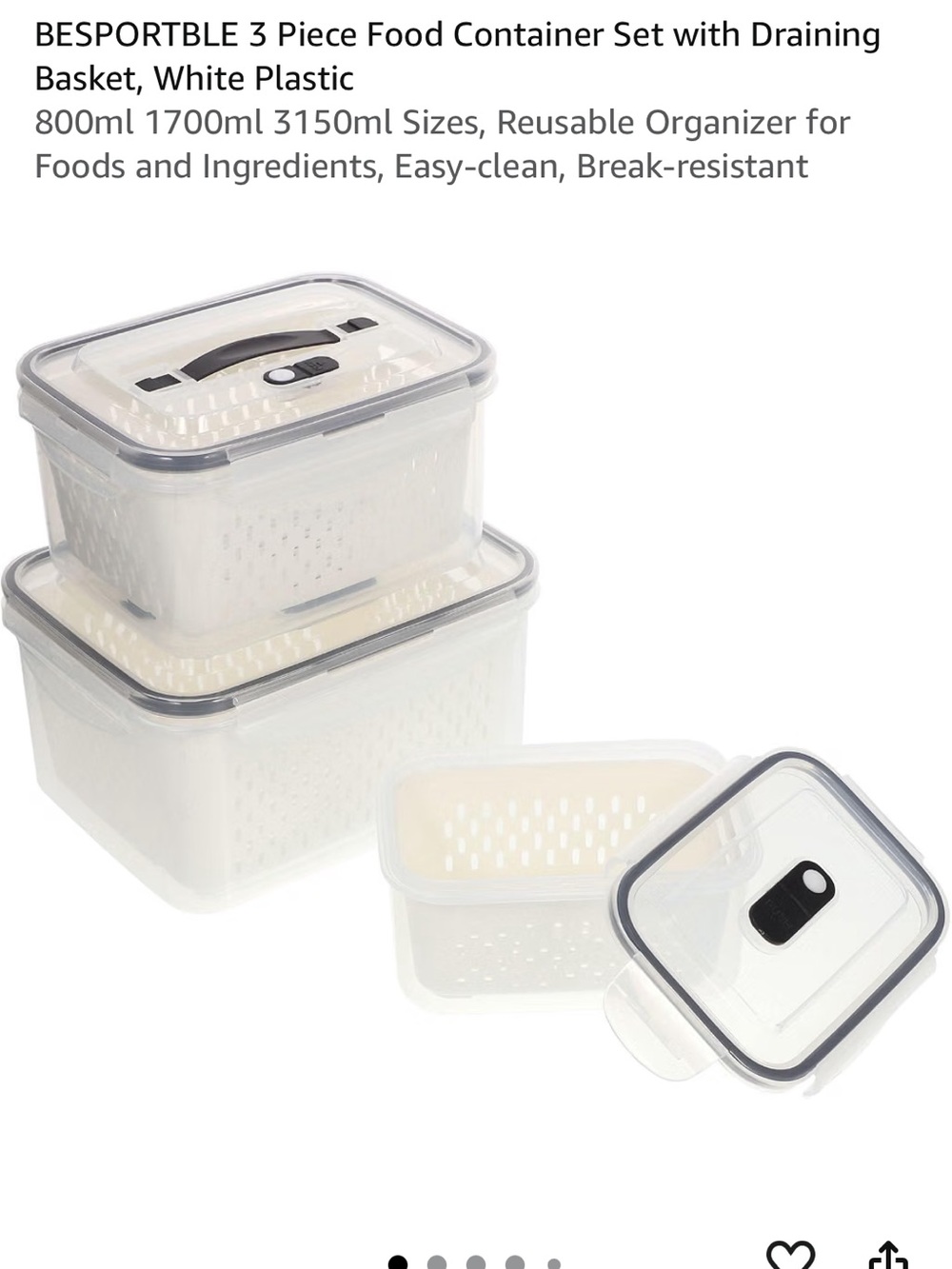 White 3-Piece Food Container Set with Draining Basket
